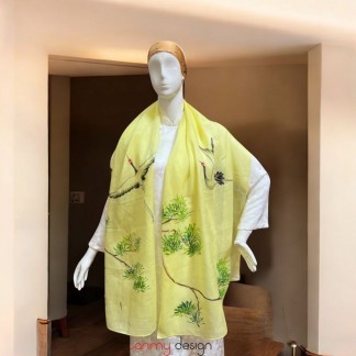 Yellow ramie scarf hand-painted with juniper and crane 70*190cm